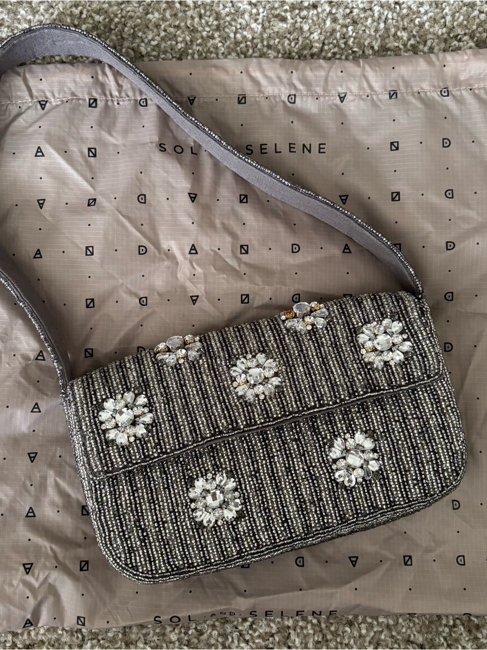 Anthropologie Fiona bag-Embellished Beaded Shoulder Bag - Silver Crystal Accents - Picture 2 of 3